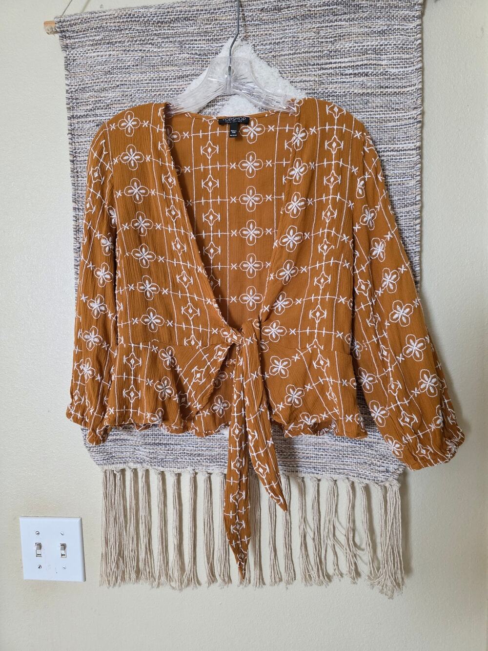 Topshop Boho burnt orange Embroidered Peasant Blouse Tie Front Bell Sleeve Sz 4